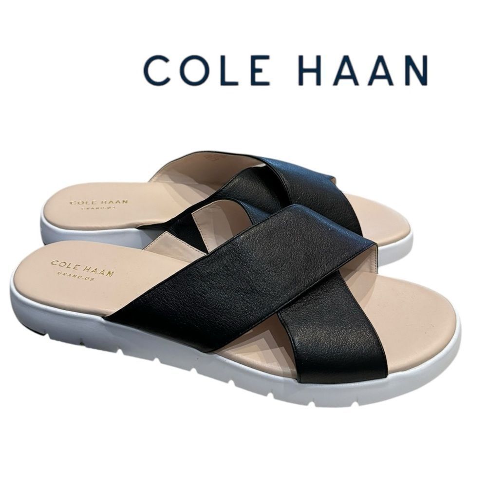 New Cole Haan Zerogrand Grand.OS Criss Cross Black Leather Slide Sandals 11